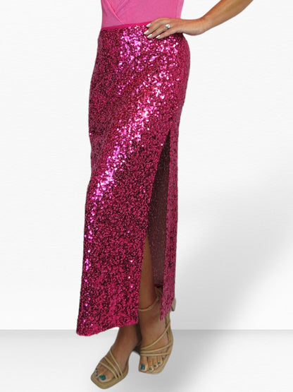 Womens Sequin Maxi Skirt With Side Slit Hot Pink