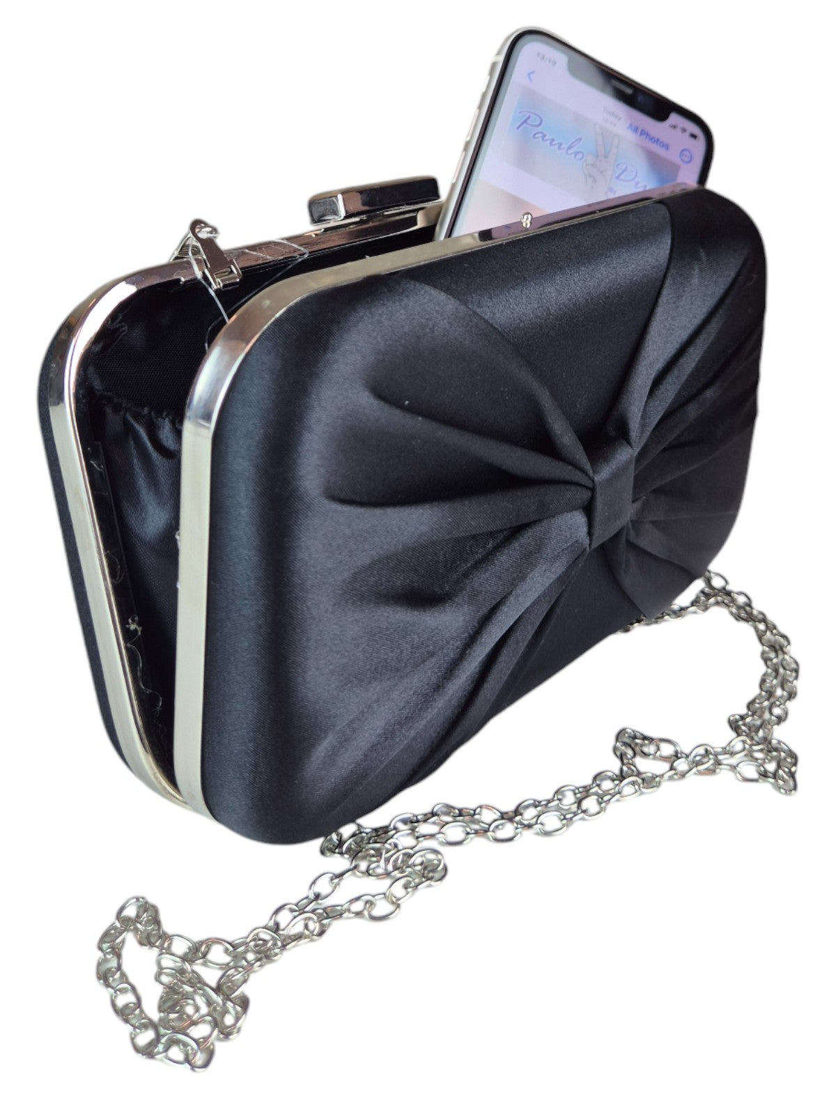 Bow Satin Clutch Bag Black
