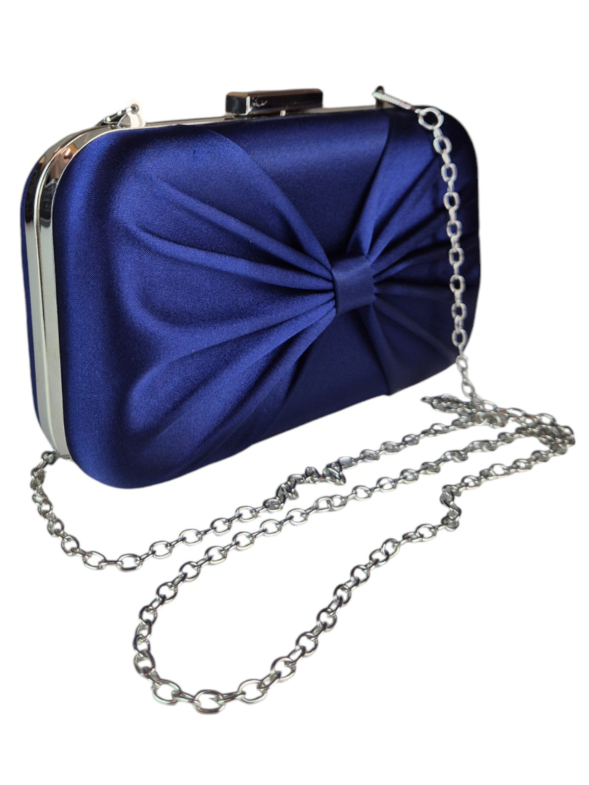 Bow Satin Clutch Bag Navy Blue