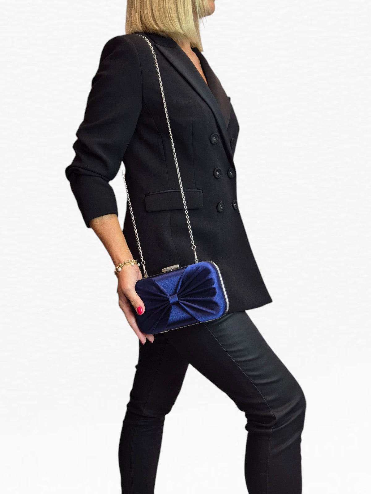 Bow Satin Clutch Bag Navy Blue