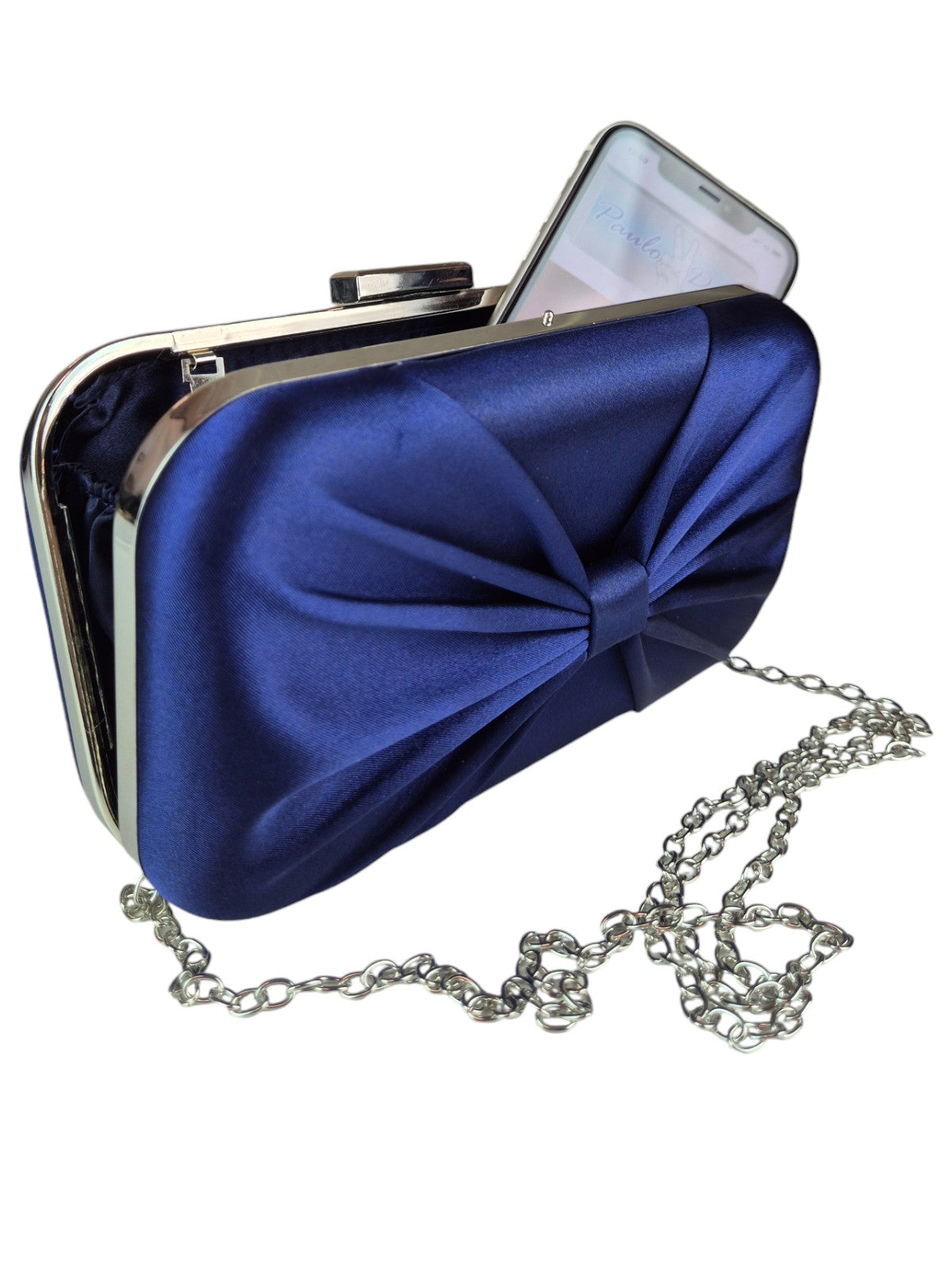 Bow Satin Clutch Bag Navy Blue