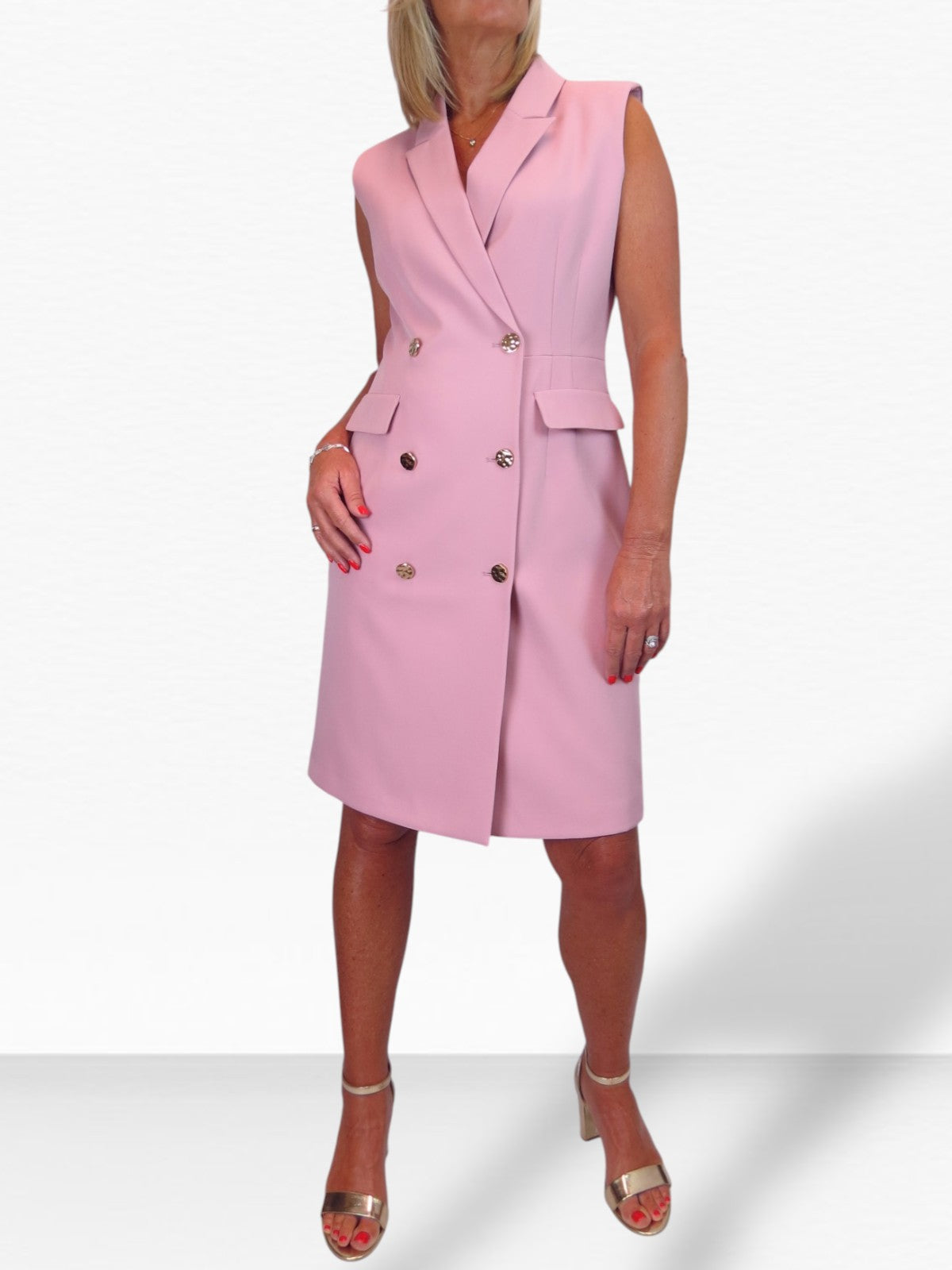 Sleeveless Smart Double Breasted Blazer Dress Pink