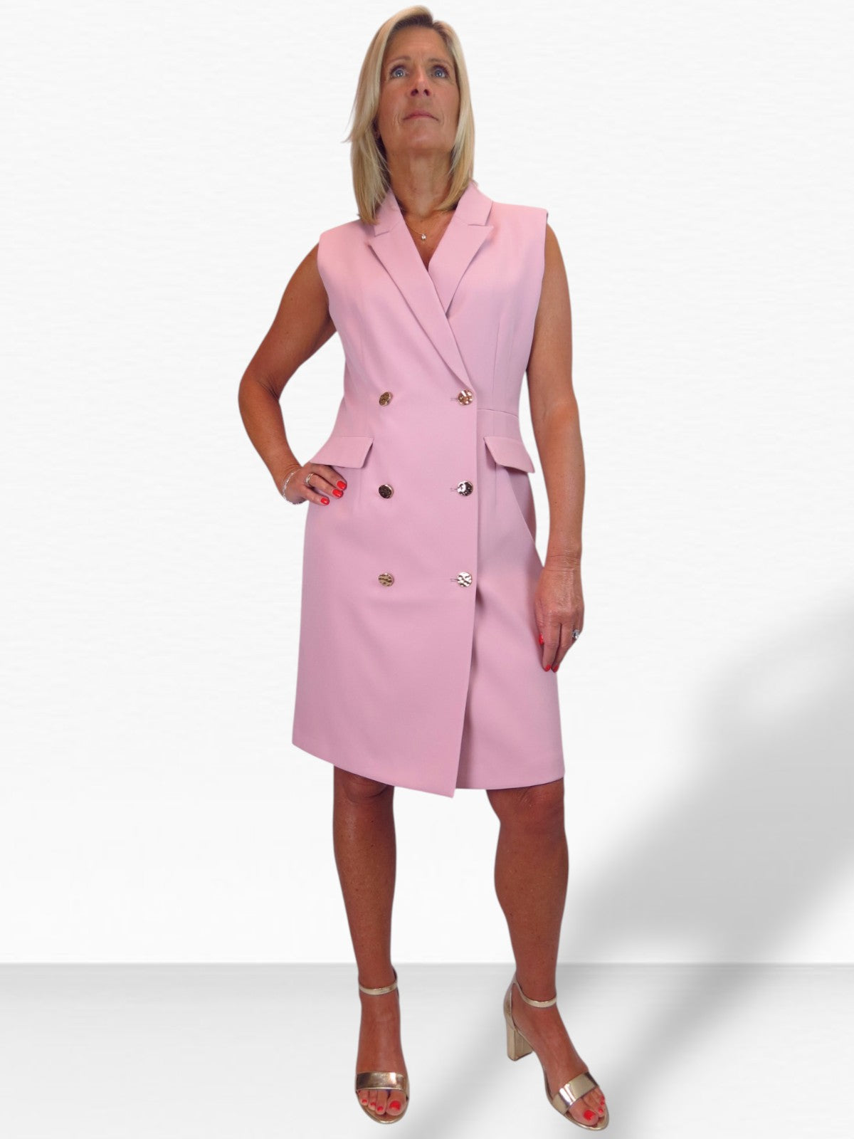 Sleeveless Smart Double Breasted Blazer Dress Pink