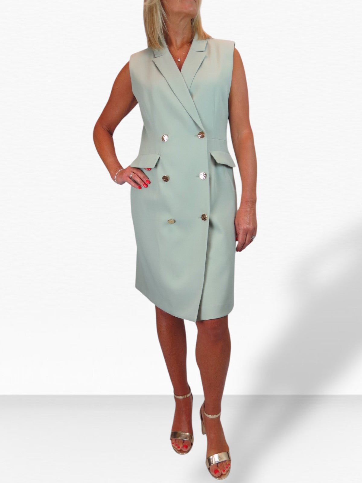 Sleeveless Smart Double Breasted Blazer Dress Sage Green