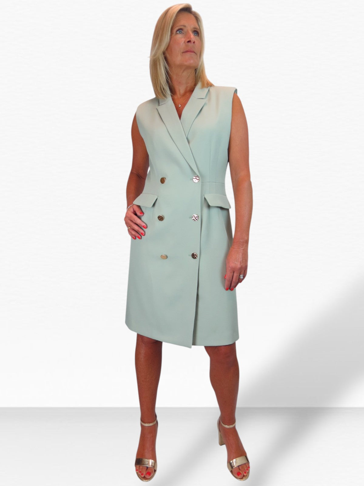 Sleeveless Smart Double Breasted Blazer Dress Sage Green