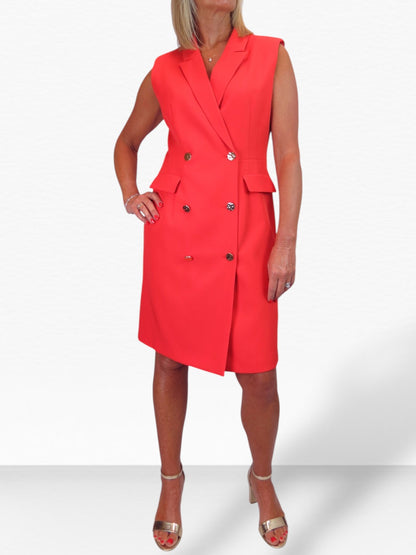 Sleeveless Smart Double Breasted Blazer Dress Deep Coral