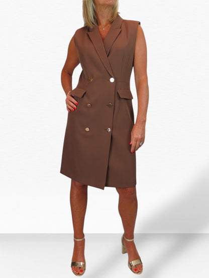 Sleeveless Smart Double Breasted Blazer Dress Caramel Brown