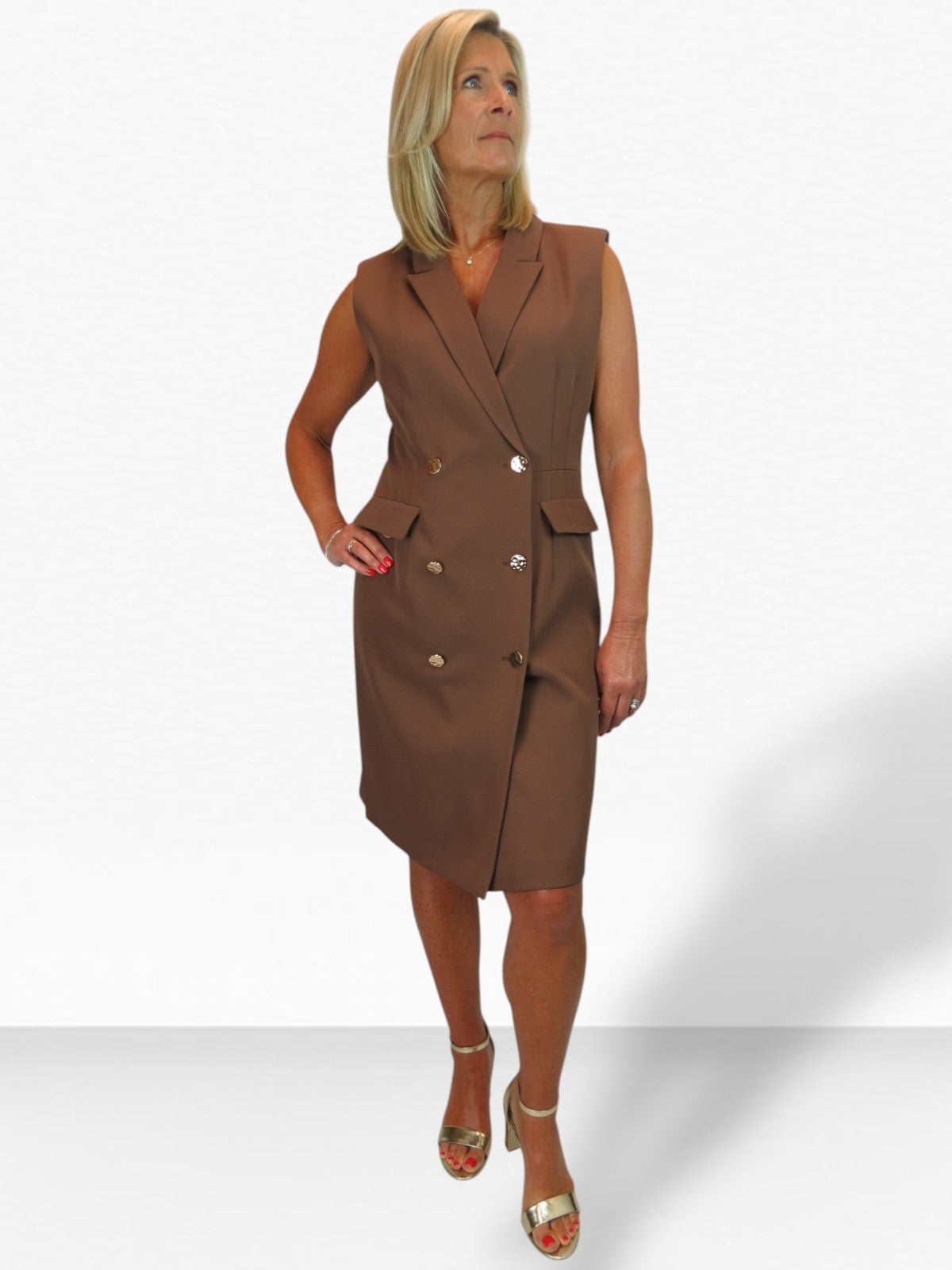 Sleeveless Smart Double Breasted Blazer Dress Caramel Brown