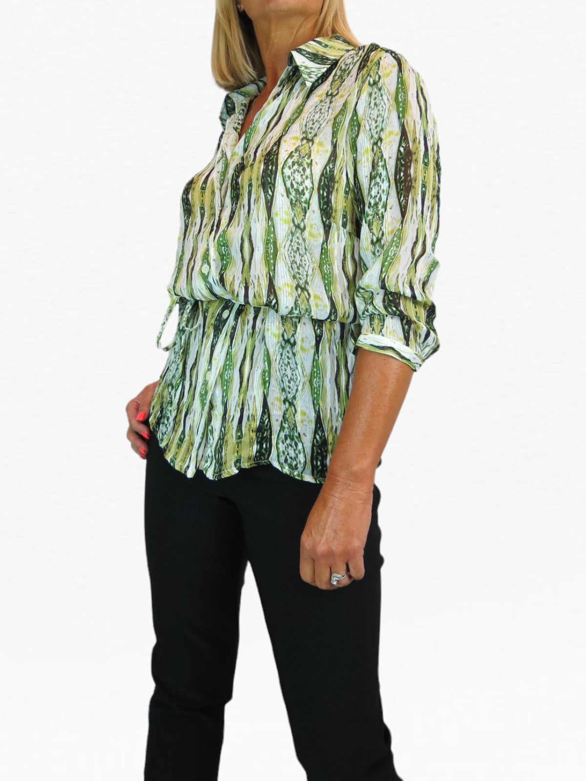 Crinkle Chiffon Blouse Aztec Animal Print Green