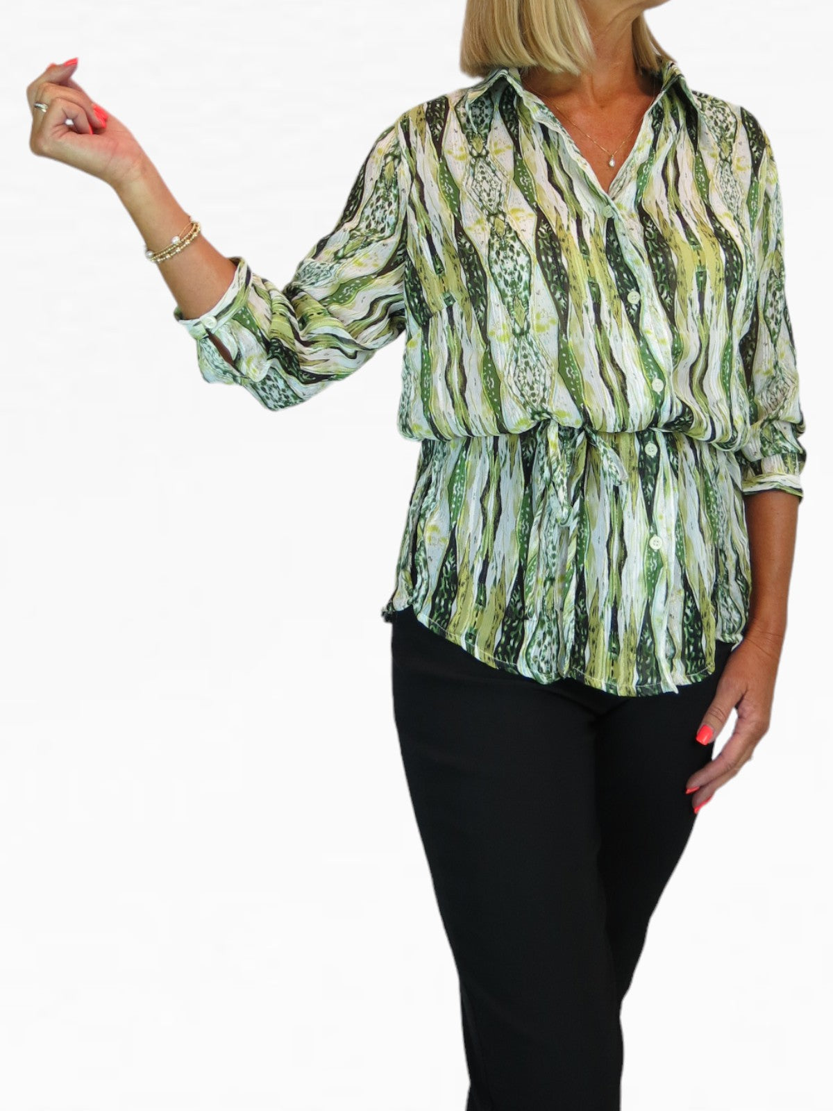 Crinkle Chiffon Blouse Aztec Animal Print Green