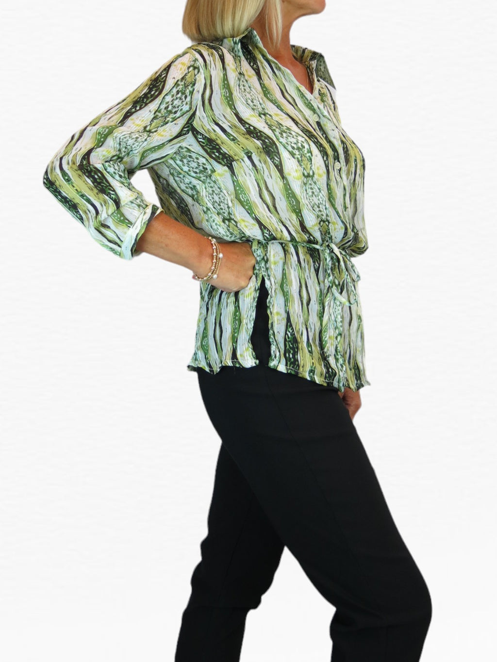 Crinkle Chiffon Blouse Aztec Animal Print Green