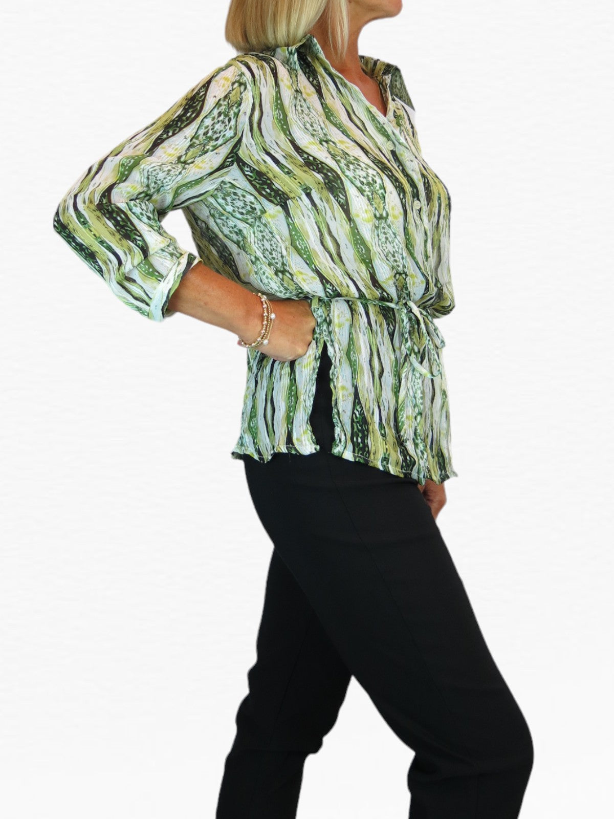 Crinkle Chiffon Blouse Aztec Animal Print Green