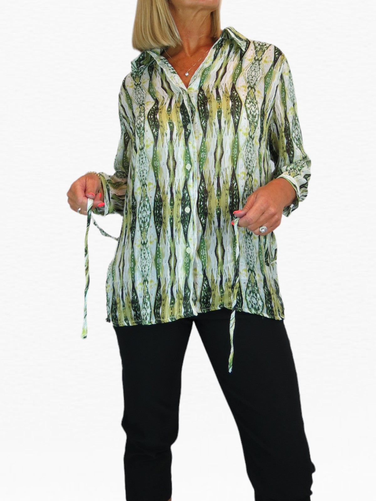 Crinkle Chiffon Blouse Aztec Animal Print Green