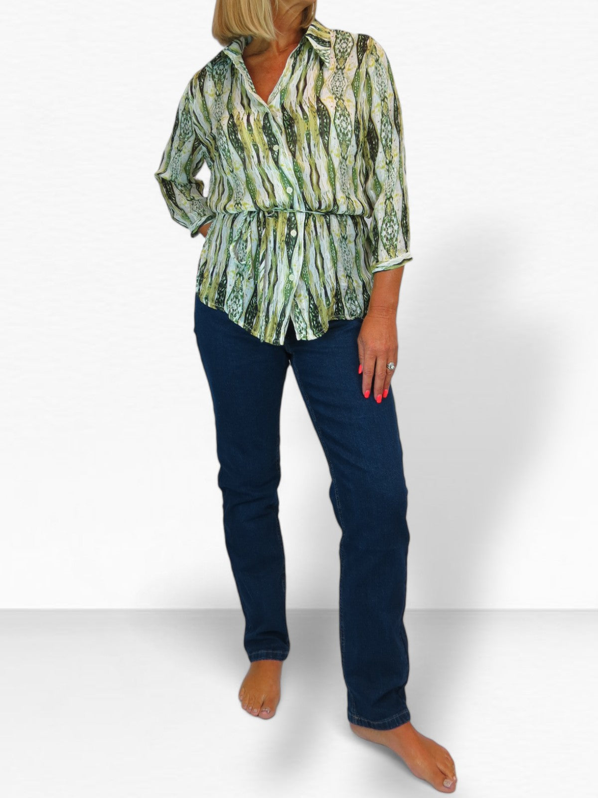 Crinkle Chiffon Blouse Aztec Animal Print Green