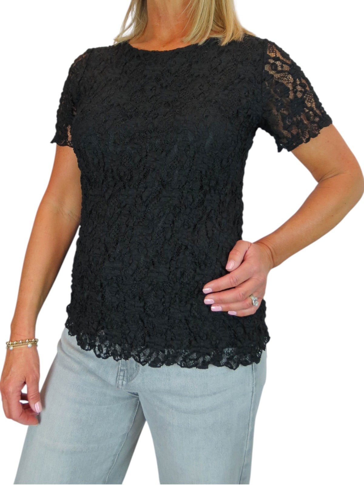Women's Short Sleeve Stretch Crochet Lace Top Black