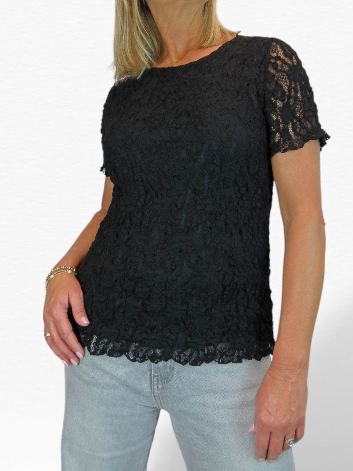 Women's Short Sleeve Stretch Crochet Lace Top Black
