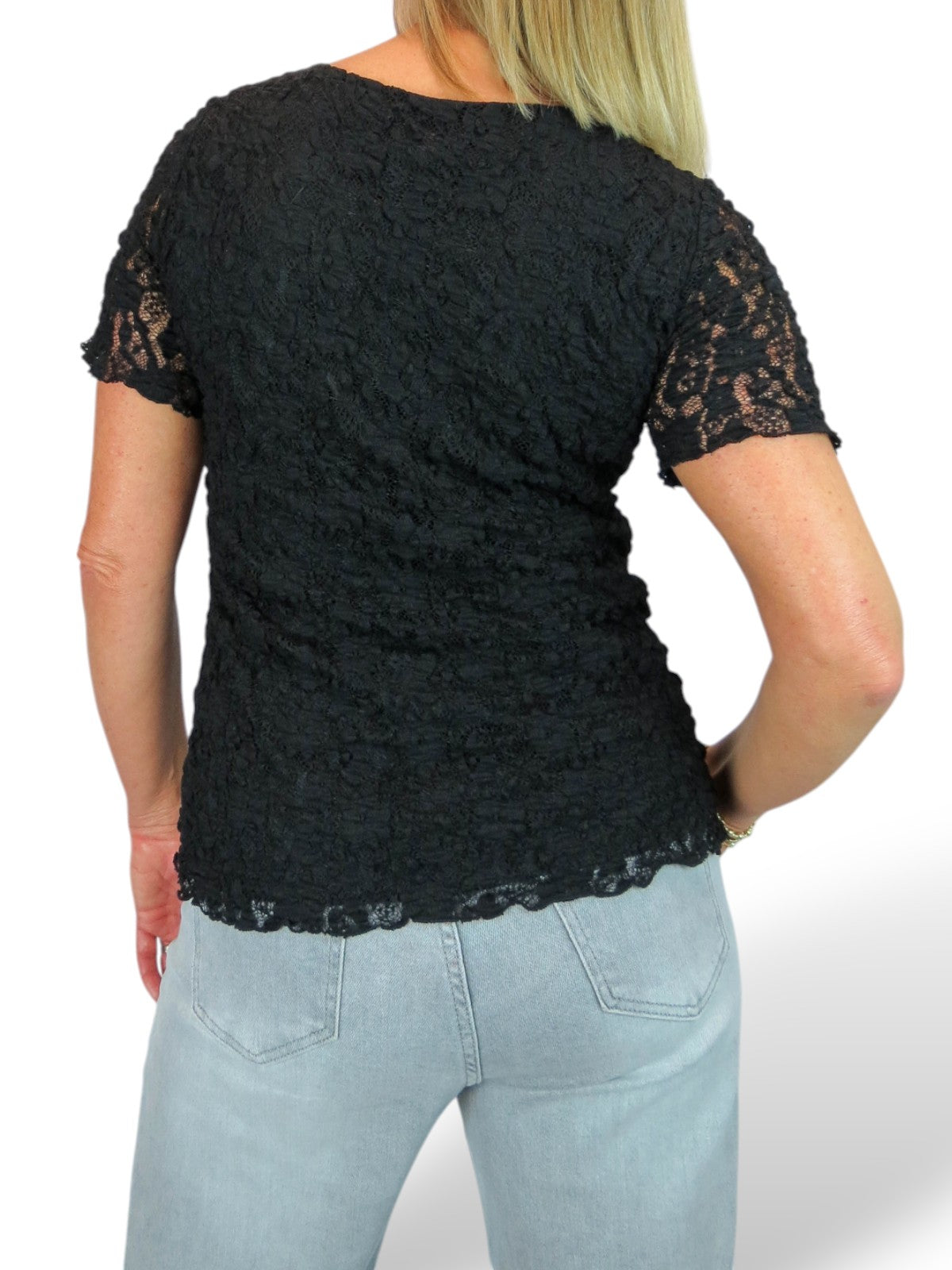 Women's Short Sleeve Stretch Crochet Lace Top Black