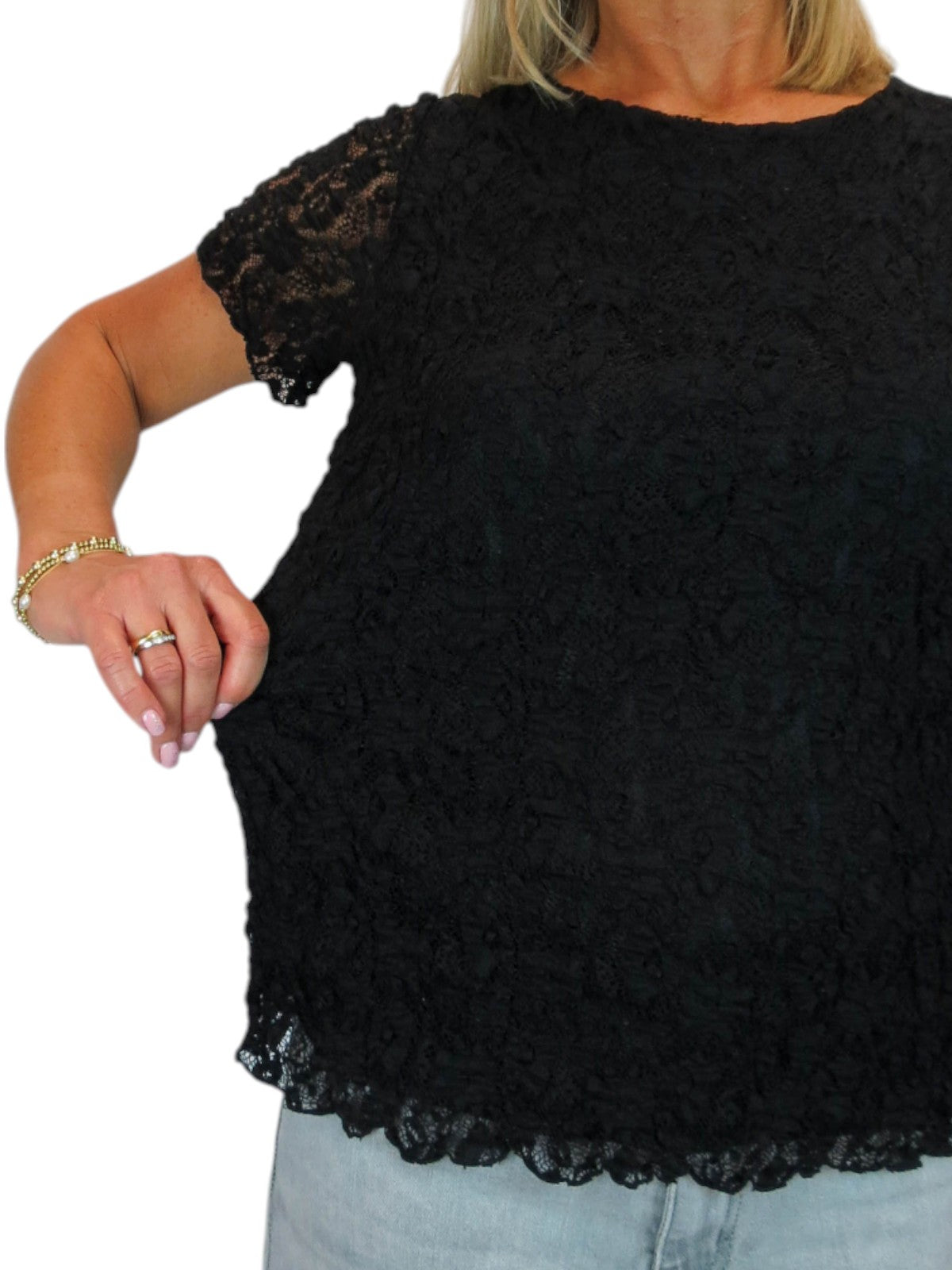 Women's Short Sleeve Stretch Crochet Lace Top Black