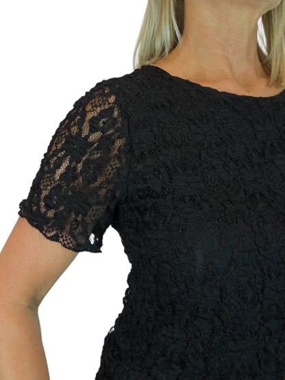 Women's Short Sleeve Stretch Crochet Lace Top Black