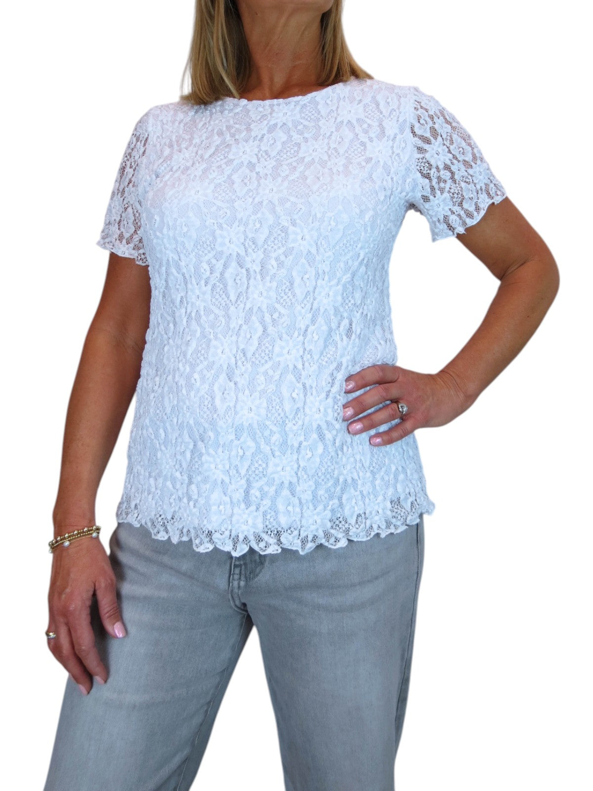 Women's Short Sleeve Stretch Crochet Lace Top White