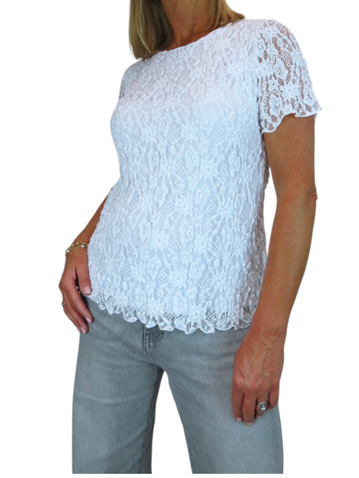 Women's Short Sleeve Stretch Crochet Lace Top White
