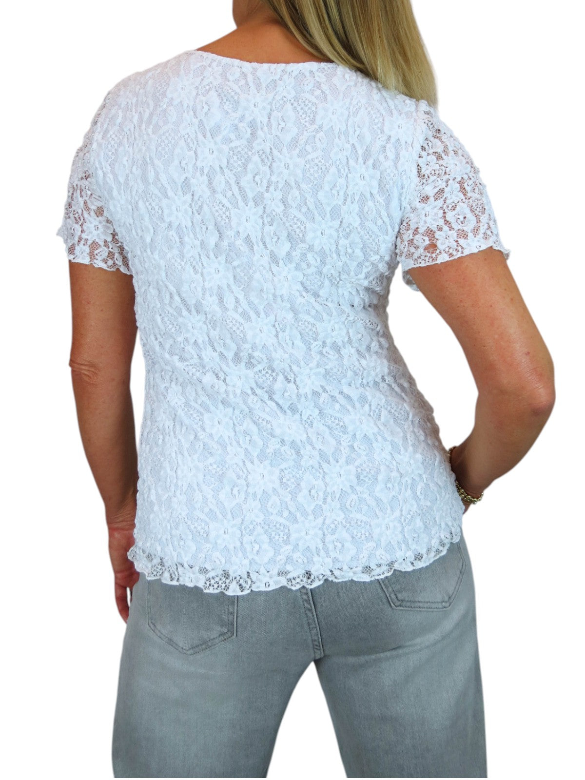 Women's Short Sleeve Stretch Crochet Lace Top White