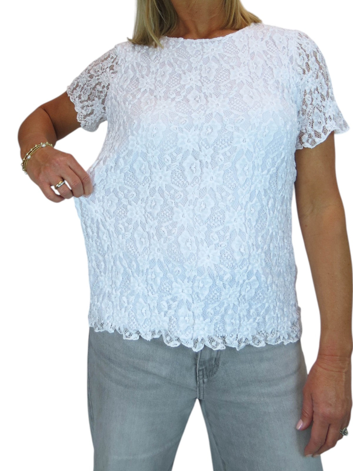 Women's Short Sleeve Stretch Crochet Lace Top White
