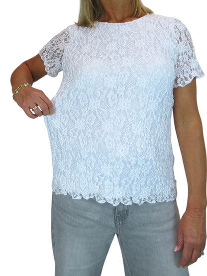Women's Short Sleeve Stretch Crochet Lace Top White
