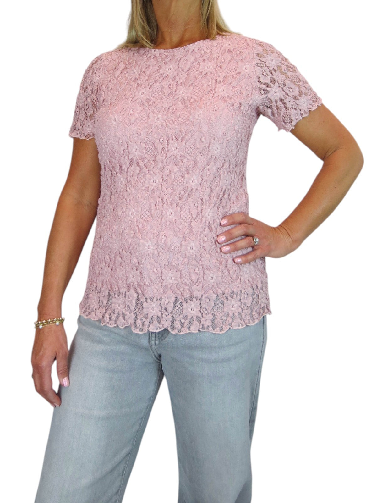 Women's Short Sleeve Stretch Crochet Lace Top Dusty Pink