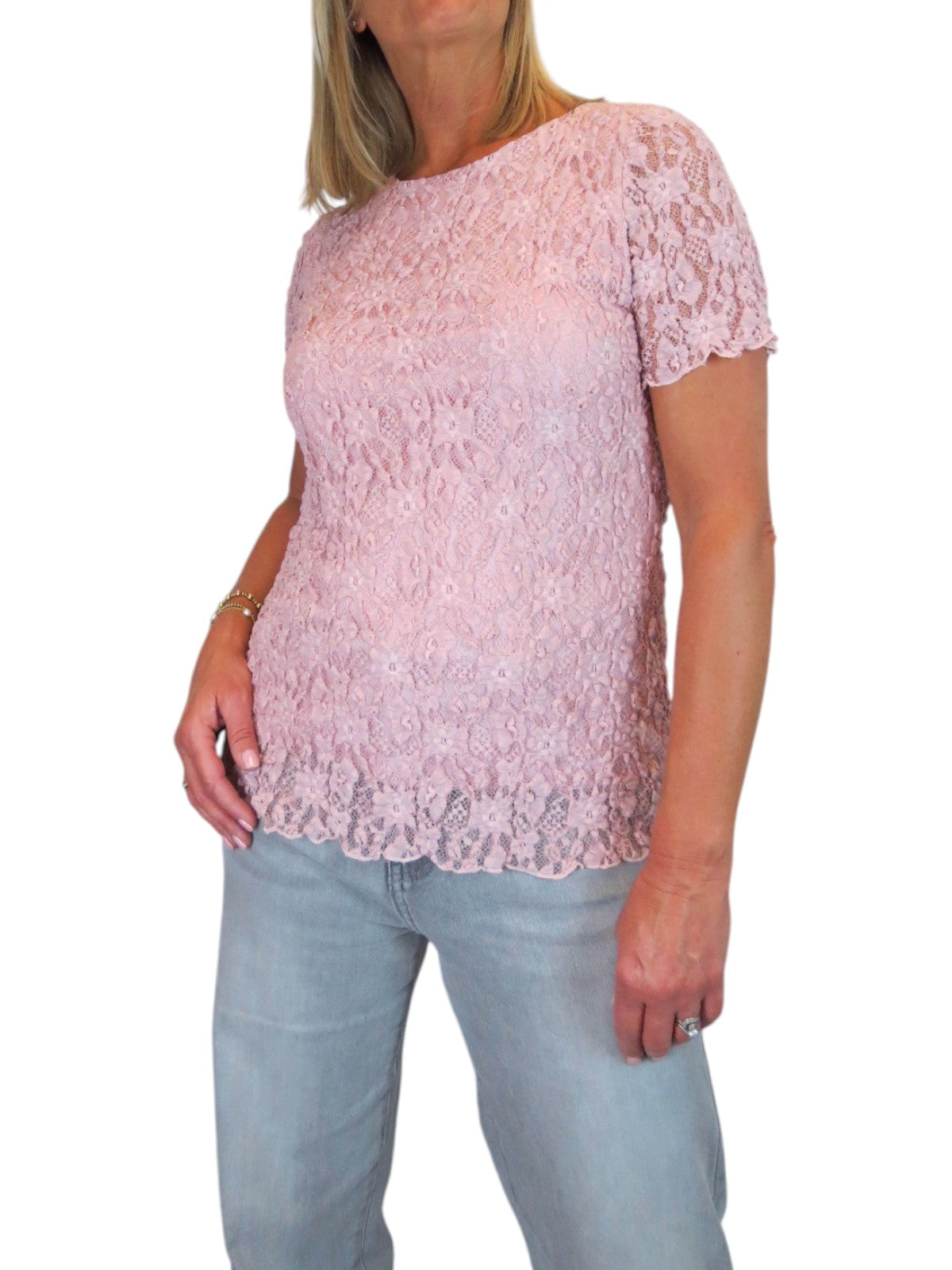 Women's Short Sleeve Stretch Crochet Lace Top Dusty Pink