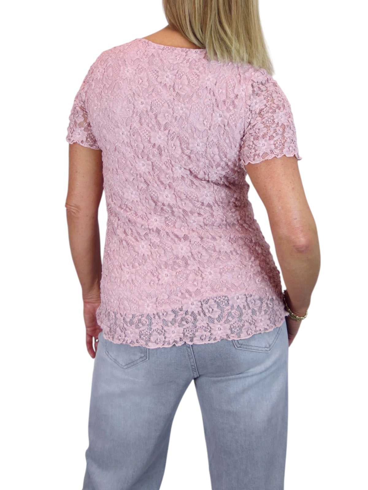 Women's Short Sleeve Stretch Crochet Lace Top Dusty Pink