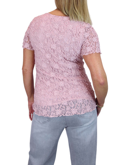 Women's Short Sleeve Stretch Crochet Lace Top Dusty Pink