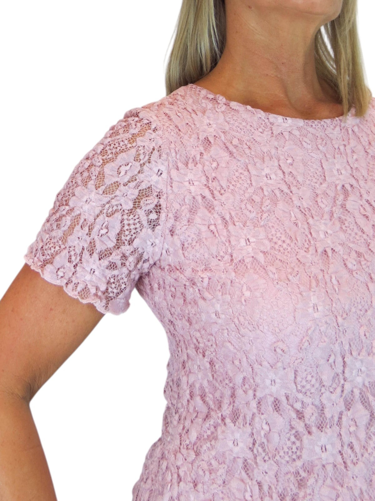 Women's Short Sleeve Stretch Crochet Lace Top Dusty Pink