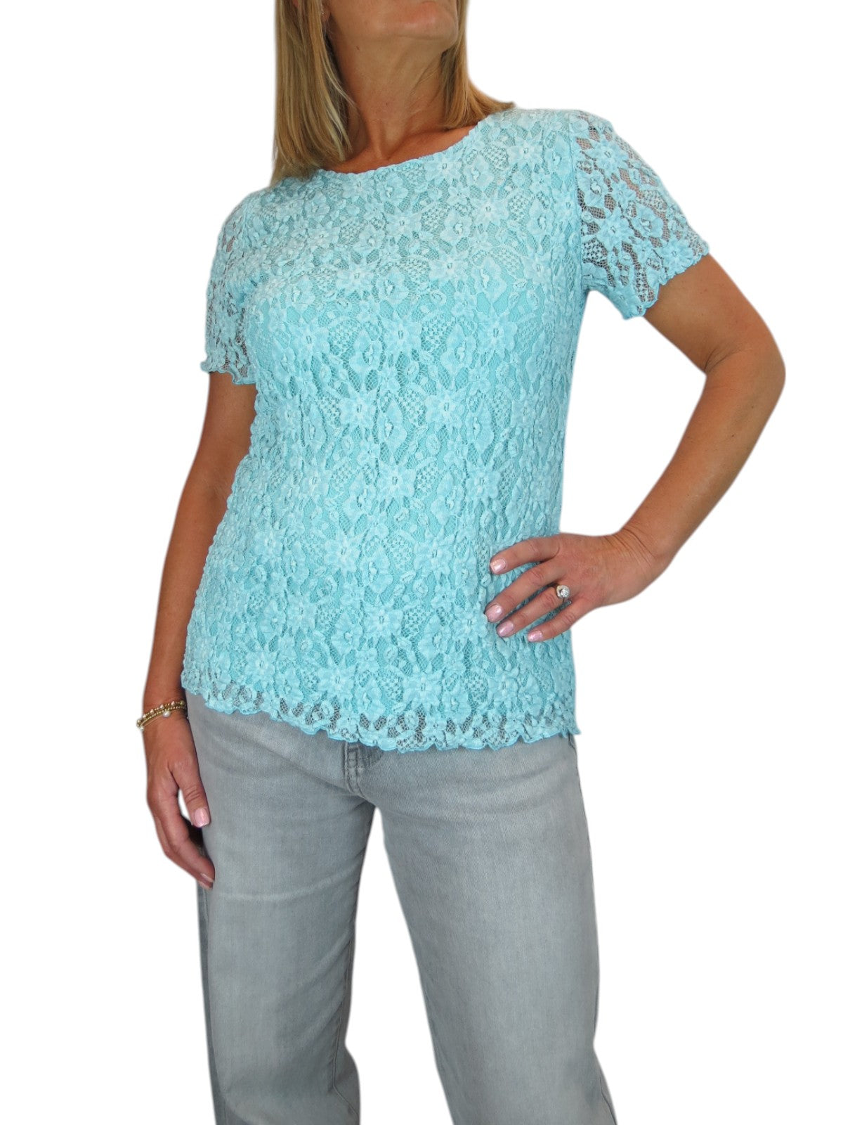 Women's Short Sleeve Stretch Crochet Lace Top Turquoise Blue