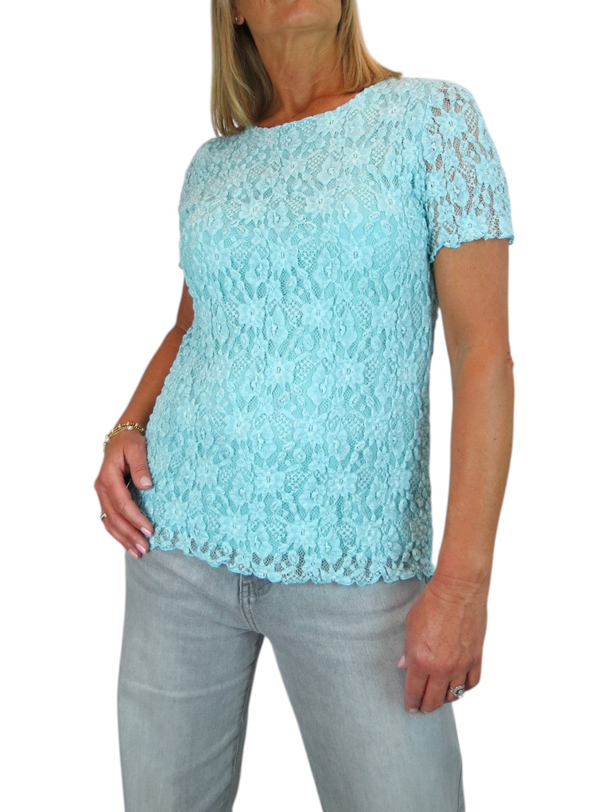 Women's Short Sleeve Stretch Crochet Lace Top Turquoise Blue