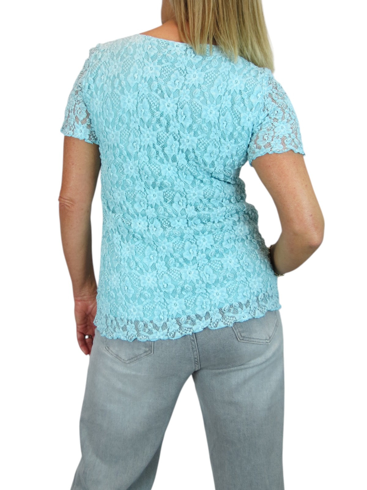 Women's Short Sleeve Stretch Crochet Lace Top Turquoise Blue