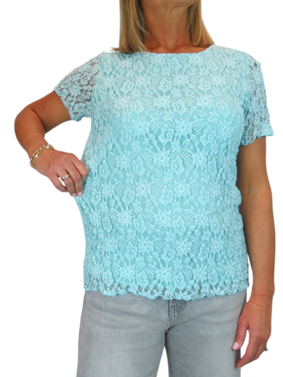 Women's Short Sleeve Stretch Crochet Lace Top Turquoise Blue
