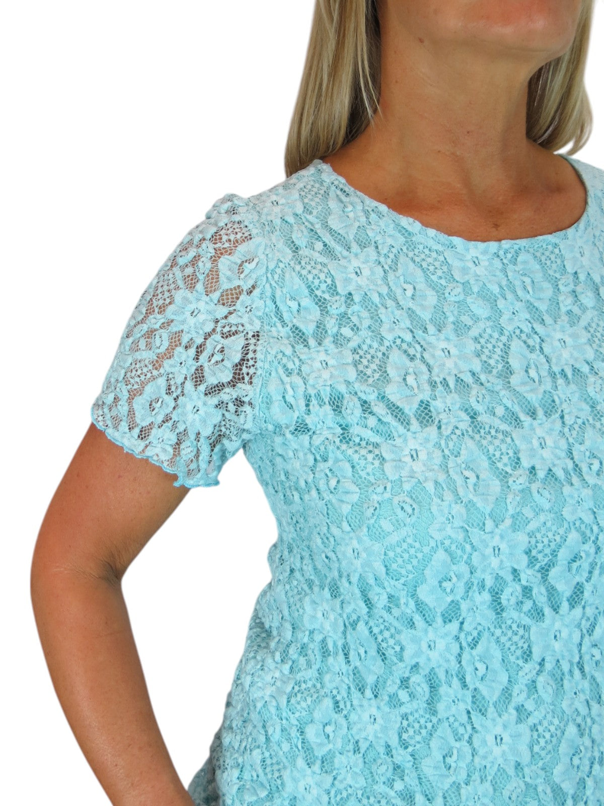 Women's Short Sleeve Stretch Crochet Lace Top Turquoise Blue