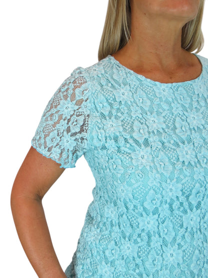 Women's Short Sleeve Stretch Crochet Lace Top Turquoise Blue