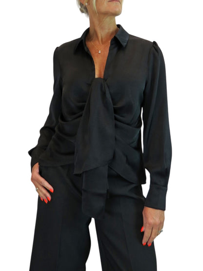 Womens Satin Long Sleeve Draped Front Smart Blouse Black
