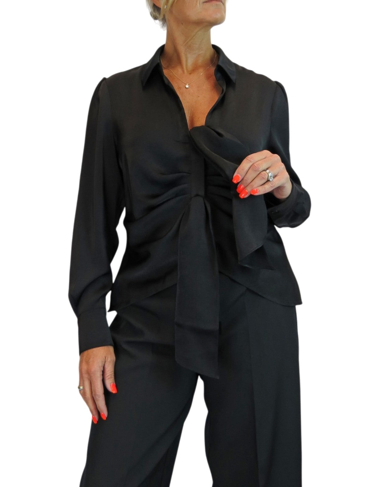 Womens Satin Long Sleeve Draped Front Smart Blouse Black