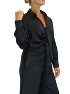 Womens Satin Long Sleeve Draped Front Smart Blouse Black