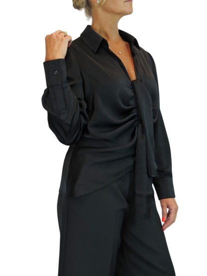 Womens Satin Long Sleeve Draped Front Smart Blouse Black