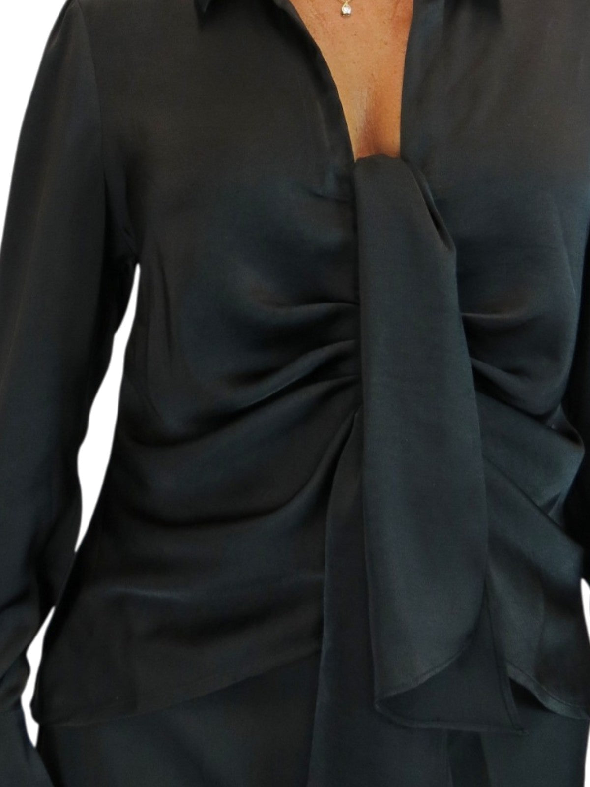 Womens Satin Long Sleeve Draped Front Smart Blouse Black