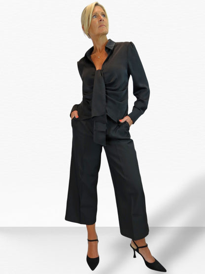 Womens Satin Long Sleeve Draped Front Smart Blouse Black