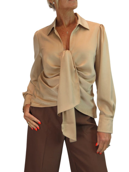 Womens Satin Long Sleeve Draped Front Smart Blouse Champagne Gold