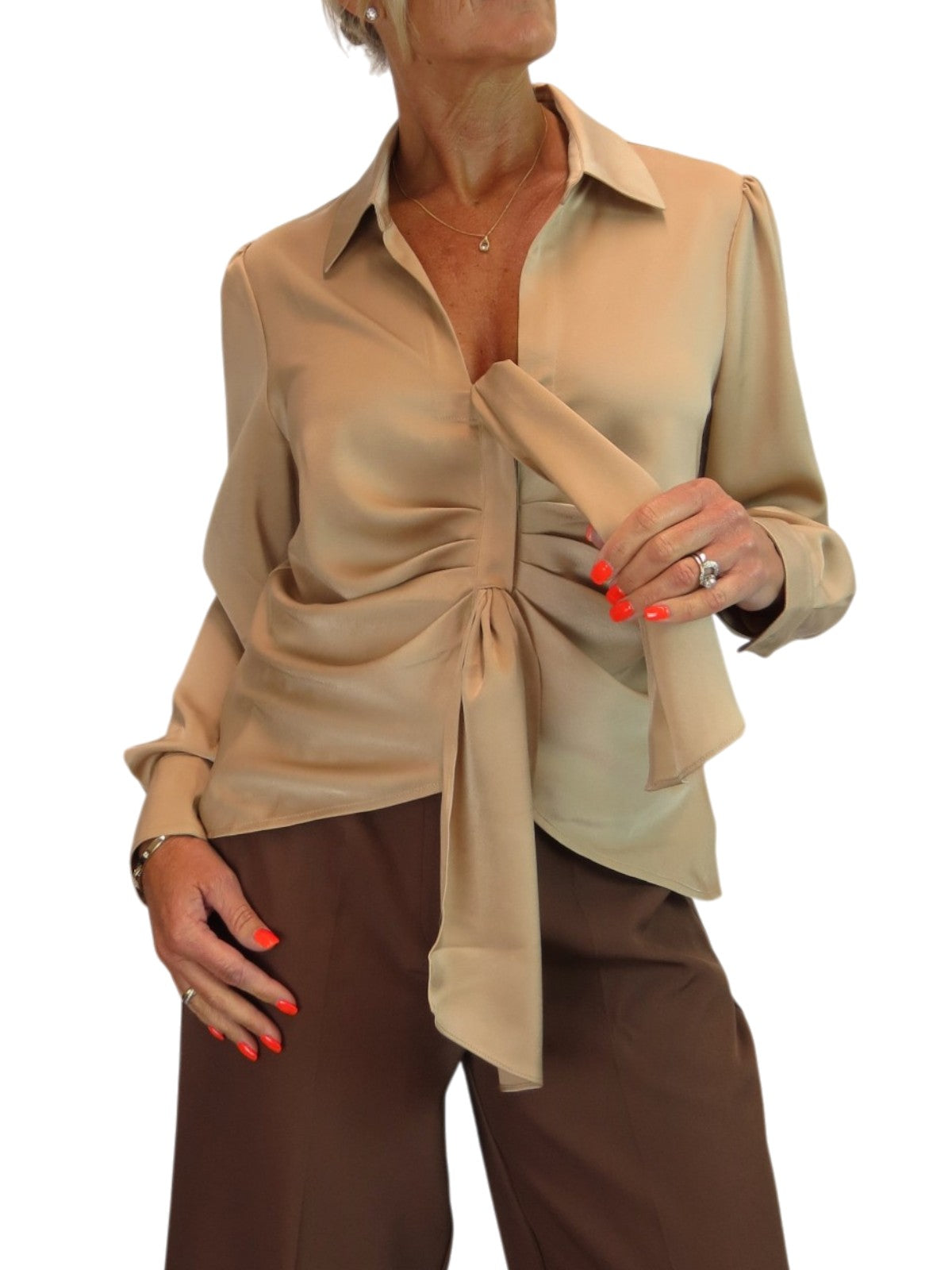 Womens Satin Long Sleeve Draped Front Smart Blouse Champagne Gold