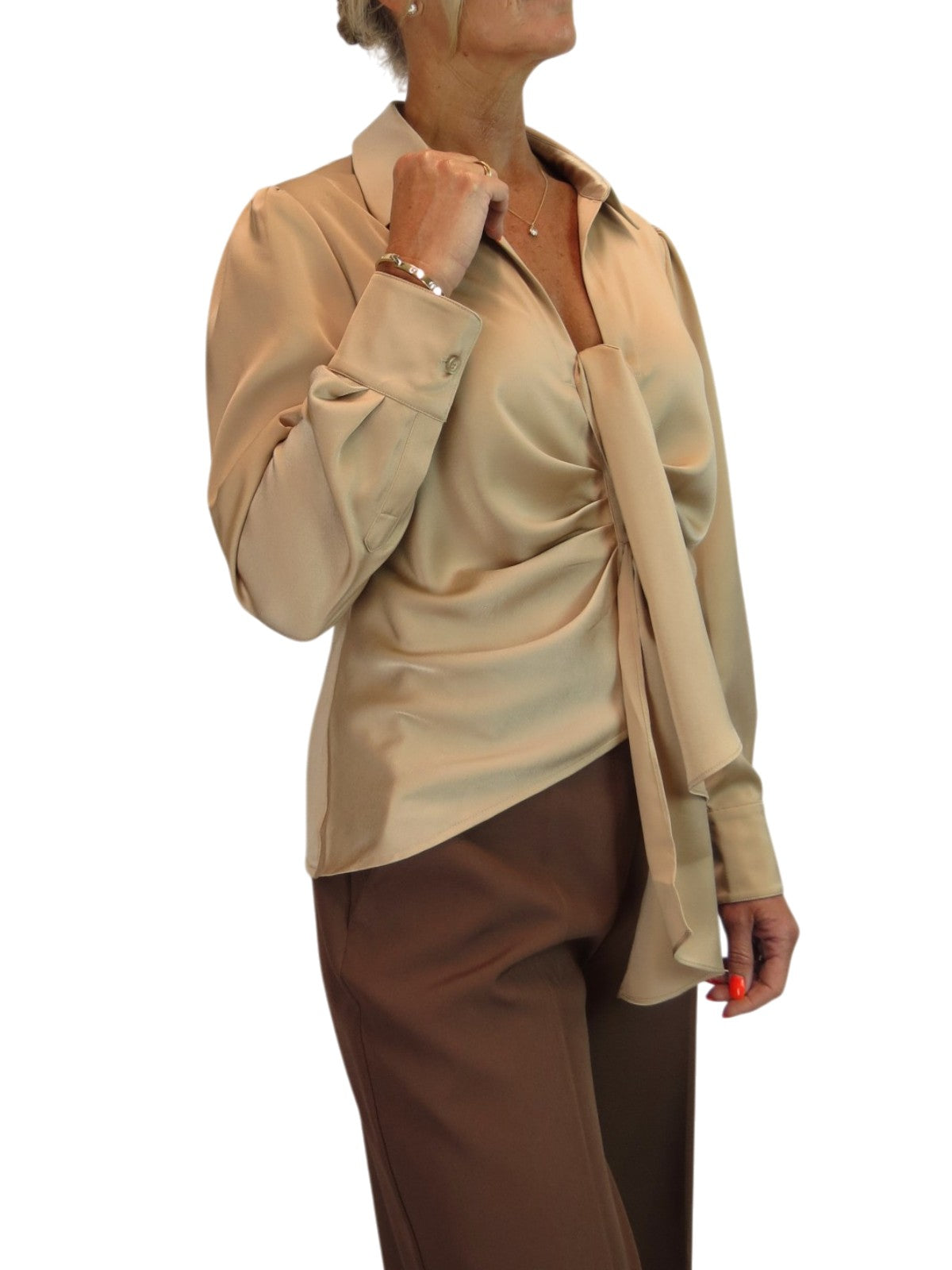 Womens Satin Long Sleeve Draped Front Smart Blouse Champagne Gold