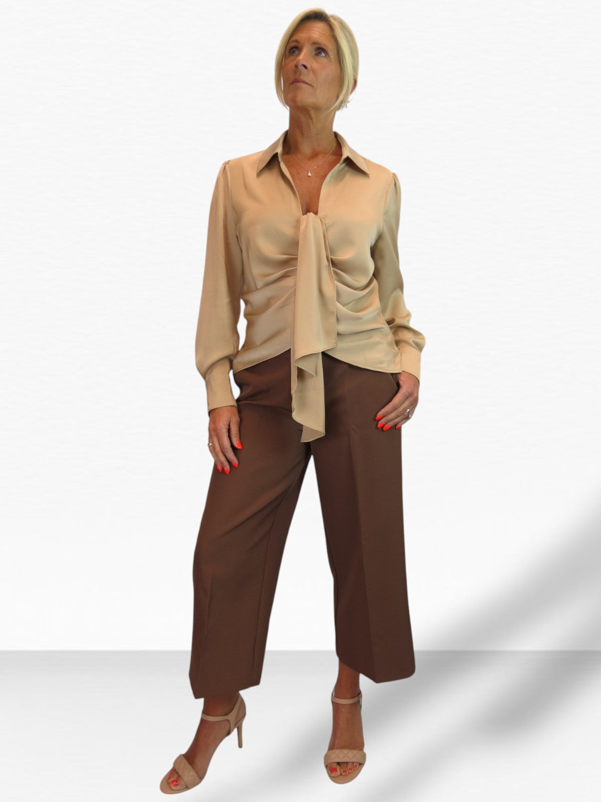 Womens Satin Long Sleeve Draped Front Smart Blouse Champagne Gold