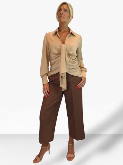 Womens Satin Long Sleeve Draped Front Smart Blouse Champagne Gold